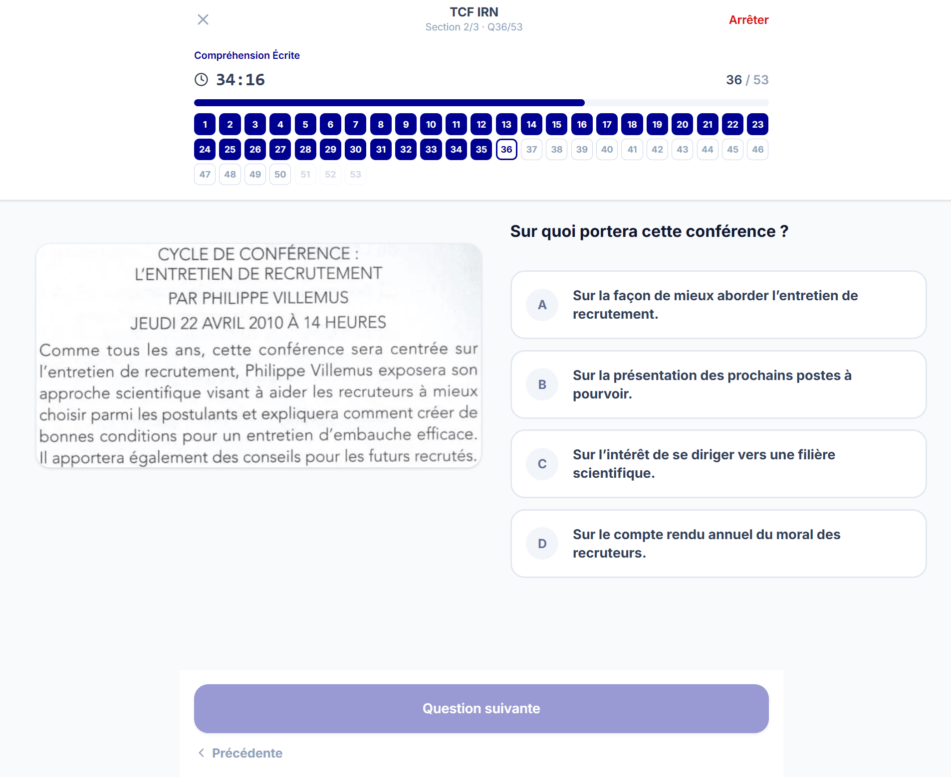 Capture d'écran de l'épreuve de compréhension écrite du simulateur TCF IRN, question 36 sur 53