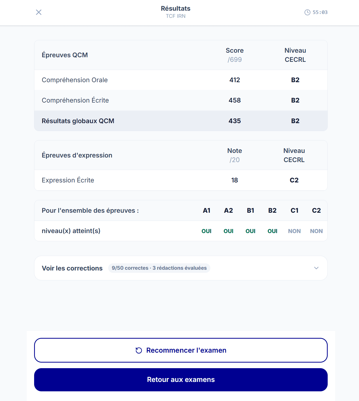 Capture d'écran des résultats d'une simulation TCF IRN avec scores par épreuve et niveaux CECRL
